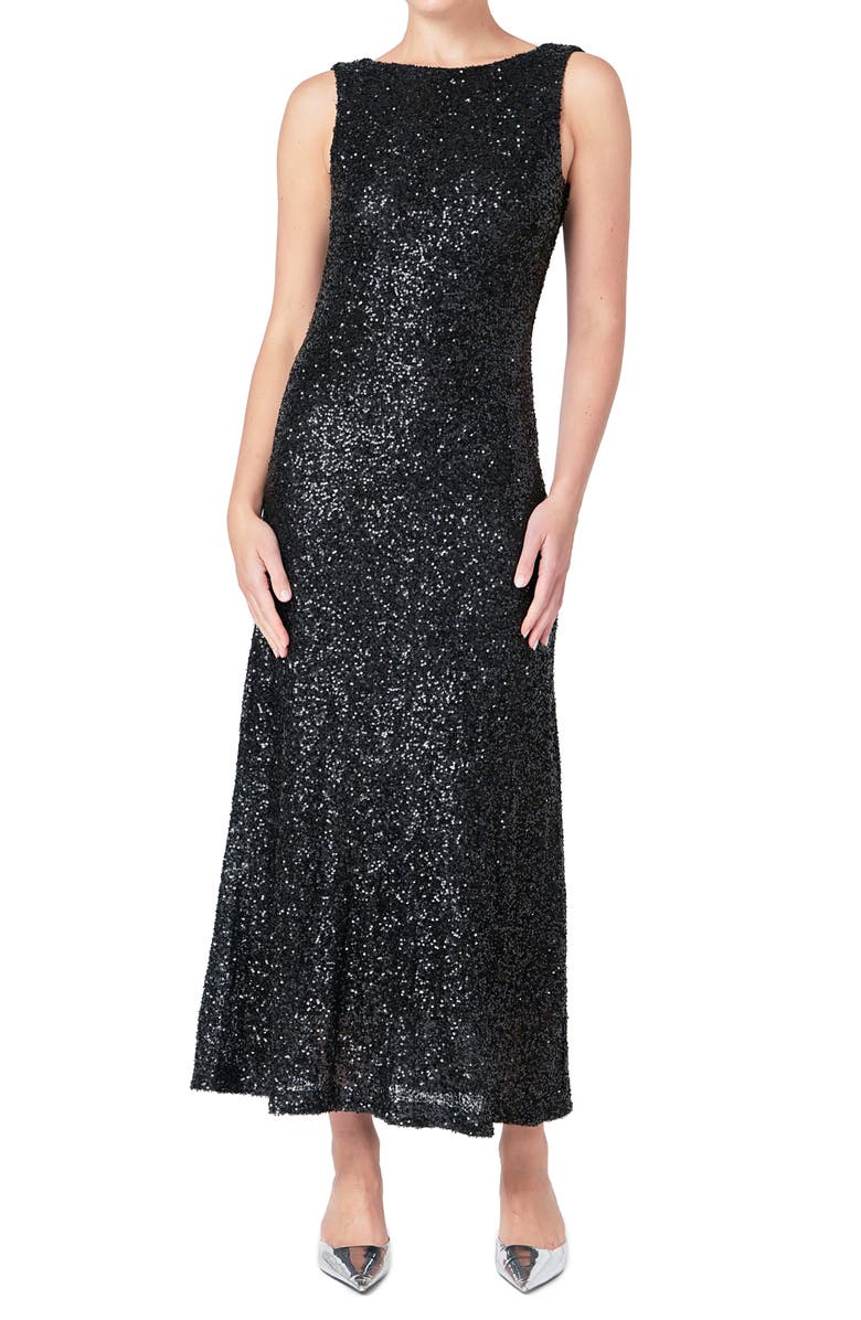 Endless Rose Open Back Sequin Maxi Dress, Main, color, Black