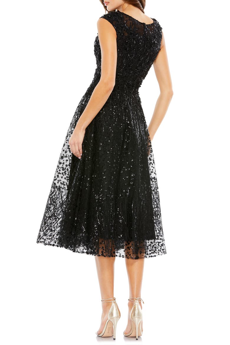 Sequin Cap Sleeve Fit & Flare Cocktail Dress, Alternate, color, BLACK