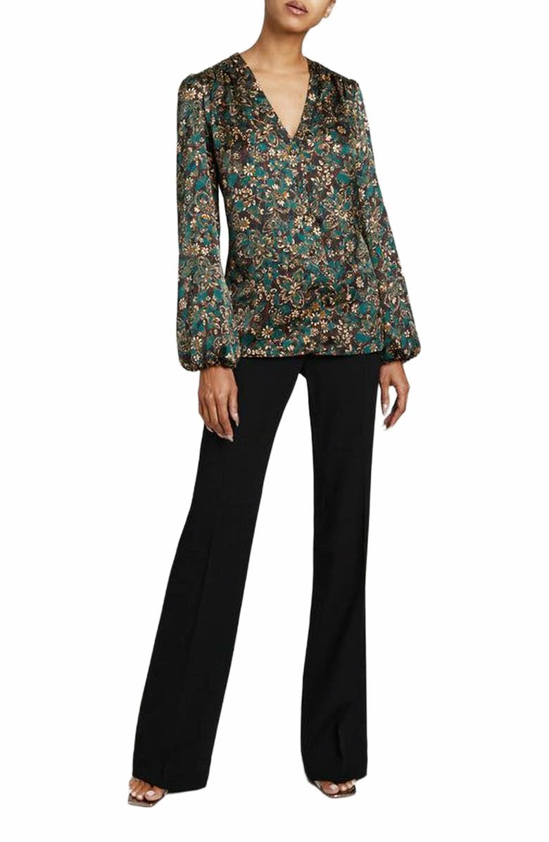 Santorelli ALEXIA Long Sleeve Buttoned Blouse in Modern Floral Print, Alternate, color, Pine Multi