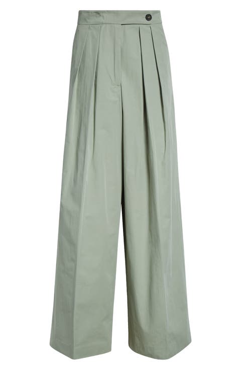 Pleated Cotton Wide Leg Pants