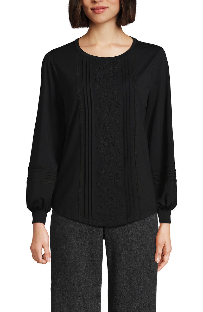 Lands' End Long Sleeve Lightweight Jersey Pintuck Embroidery Top, Main, color, 