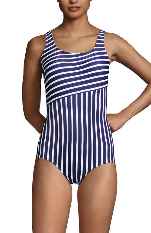 Lands' End Dd-cup Scoop Neck Tugless Sporty One Piece Swimsuit In Deep Sea/white Media Stripe