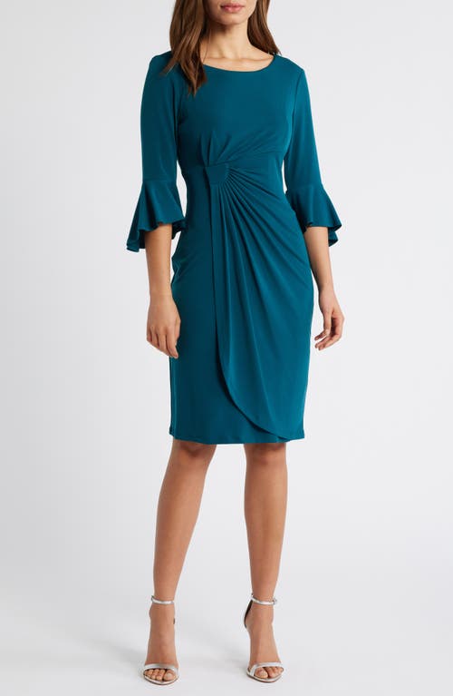 Connected Apparel Ruched Bell Sleeve Faux Wrap Cocktail Dress in Spruce 