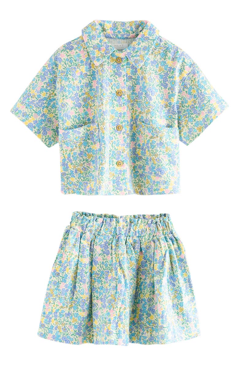 NEXT Kids' Short Sleeve Cotton Button-Up Shirt & Skirt Set, Main, color, Blue