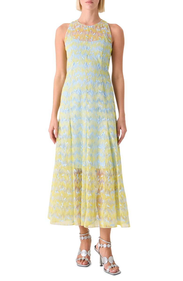 Akris punto Scribble Embroidered Sheer Tulle Fit 
Flare Midi Dress, Main, color, Lemon Zing-Sky Blue