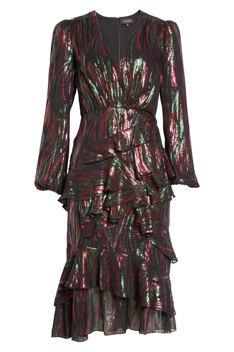 Alya Metallic Silk Blend Long Sleeve Dress, Alternate, color, 792-BLACK RAINBOW