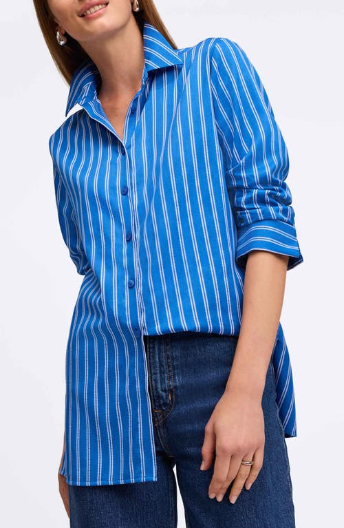 Foxcroft Evelyn Stripe Three-quarter Sleeve Cotton Button-up Shirt In Blue