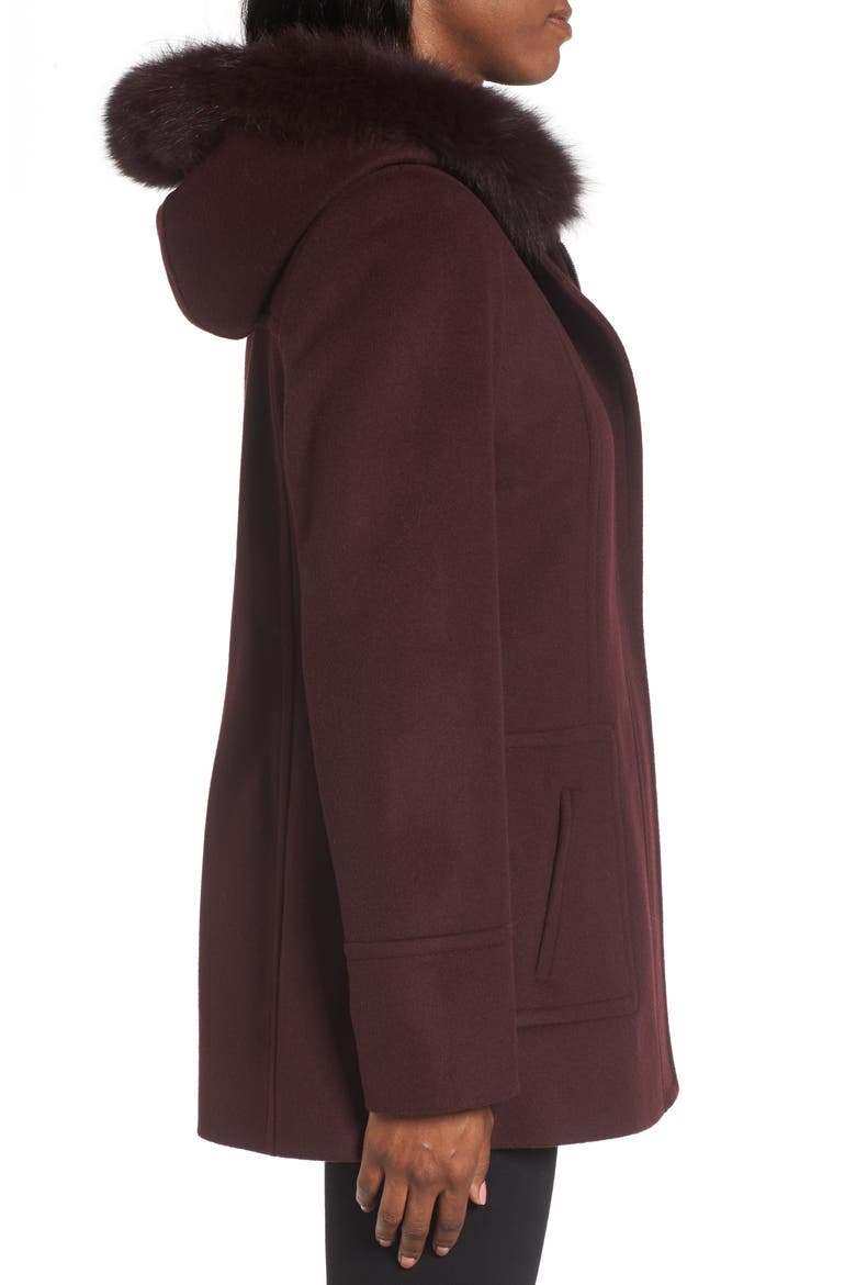 Hooded Wool Blend Coat with Genuine Fox Fur Trim, Alternate, color, BURGUNDY
