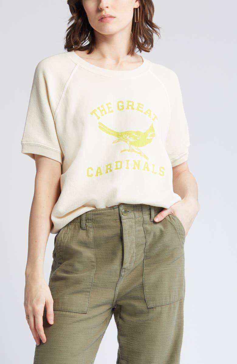 THE GREAT. Cardinal Graphic Short Sleeve Cotton Sweatshirt, Alternate, color, 