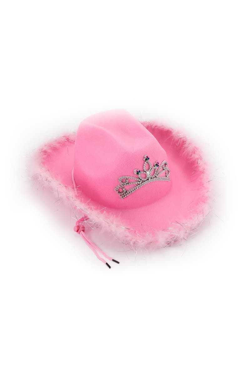 Cowboy Hat with Tiara - Pink Cowgirl Hat with Adjustable Chin Strap and Feather Trimming, Main, color, Pink