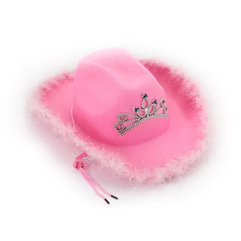 Cowboy Hat with Tiara - Pink Cowgirl Hat with Adjustable Chin Strap and Feather Trimming