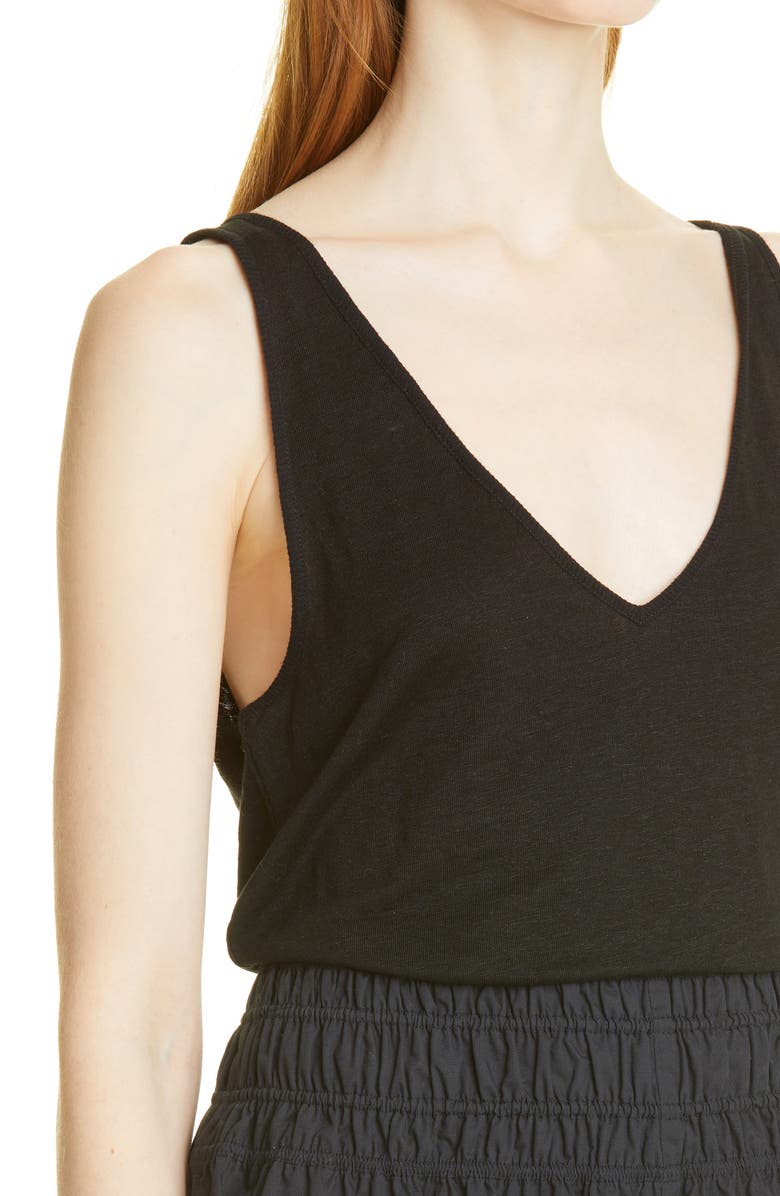 Vince Double V-Neck Linen Tank, Alternate, color, Black