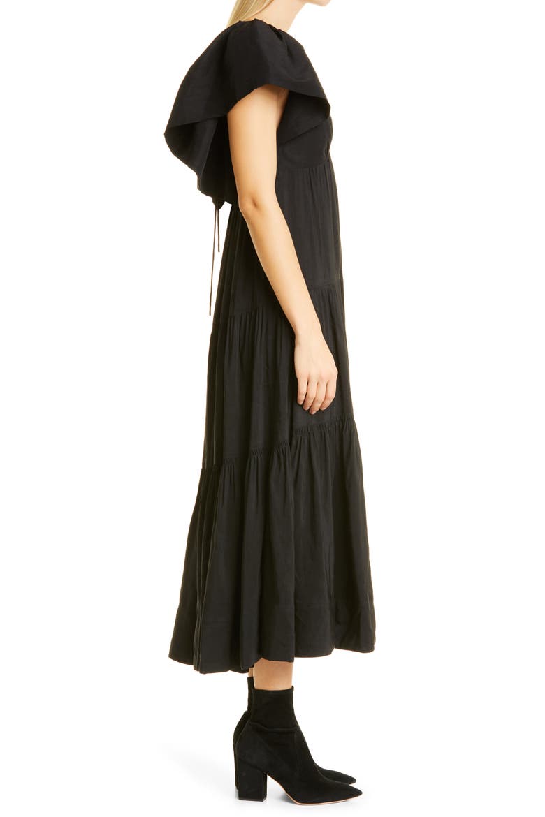 Ruffle Shoulder Open Back Linen Blend Midi Dress, Alternate, color, BLACK