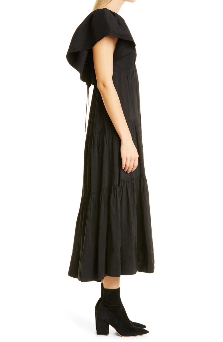 La Ligne Ruffle Shoulder Open Back Linen Blend Midi Dress, Alternate, color, 