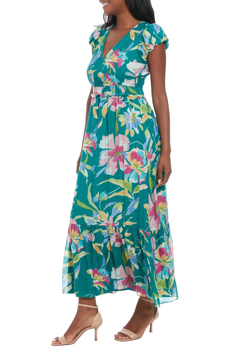 London Times Floral Cap Sleeve Tiered Maxi Dress, Alternate, color, Teal/Cornflower Blue