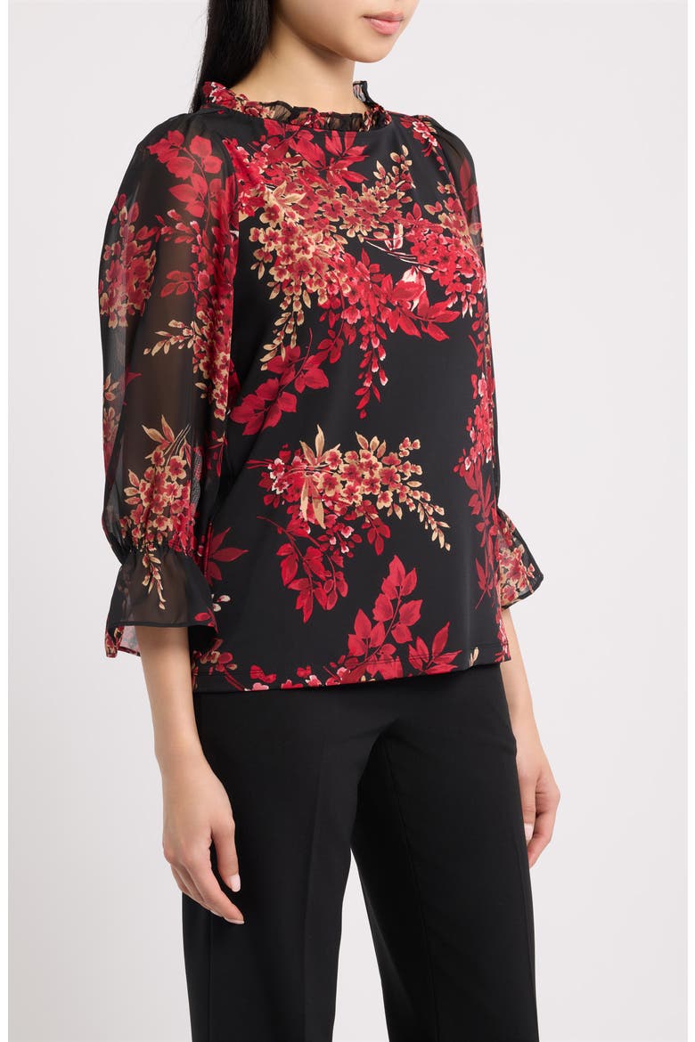 Floral Ruffle Neck Puff Sleeve Top, Alternate, color, ANNE BLACK MULTI