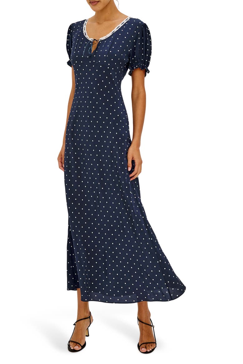 Allison Polka Dot Lace Trim Midi Dress, Alternate, color, NAVY POLKA DOTS