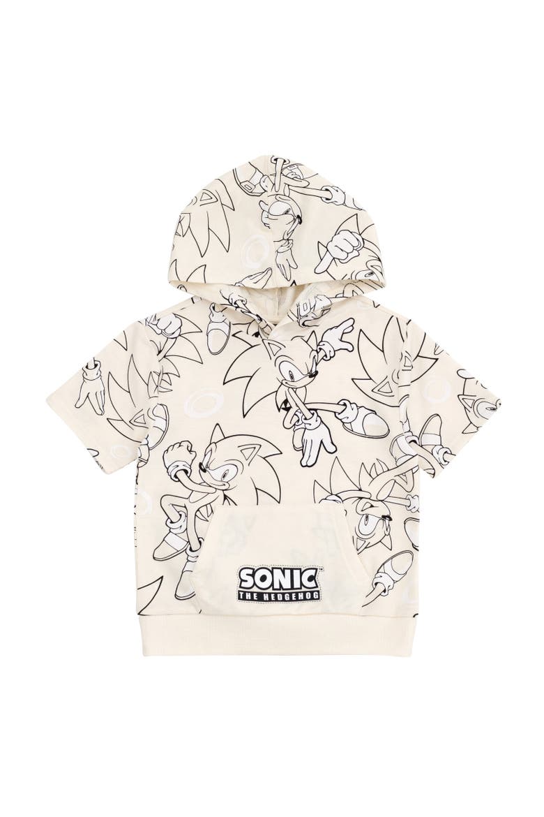 Sonic the Hedgehog Short Sleeve Hoodie & Shorts Set, Alternate, color, Cream Sonic Sketch Pattern