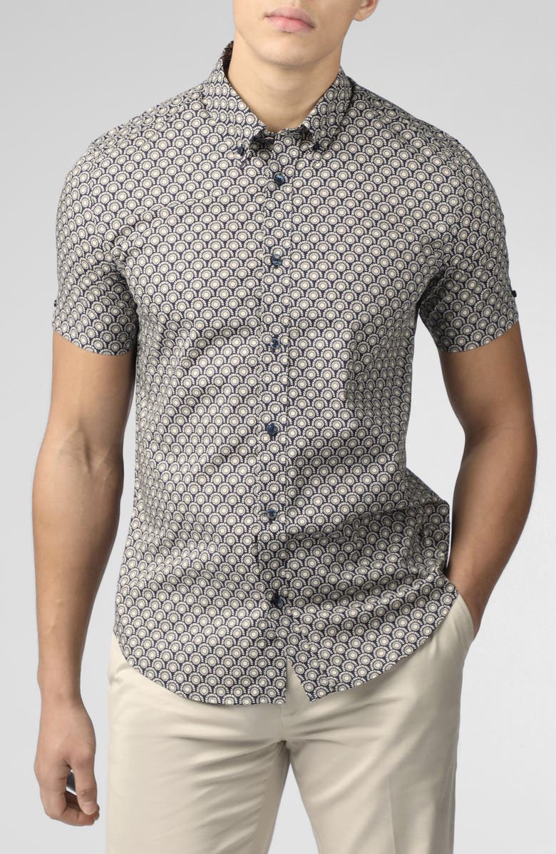 Ben Sherman Deco Print Short Sleeve Button-Down Shirt, Main, color,
