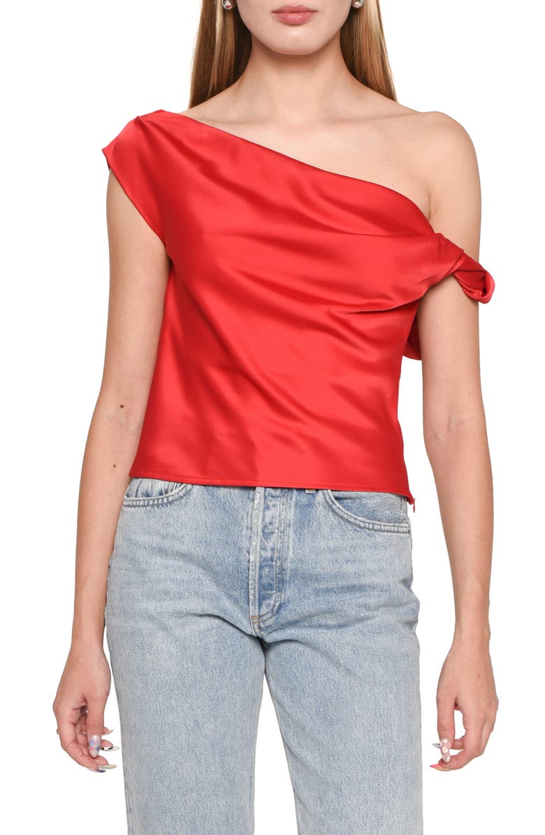 WAYF Twist One-Shoulder Satin Blouse, Main, color, Red