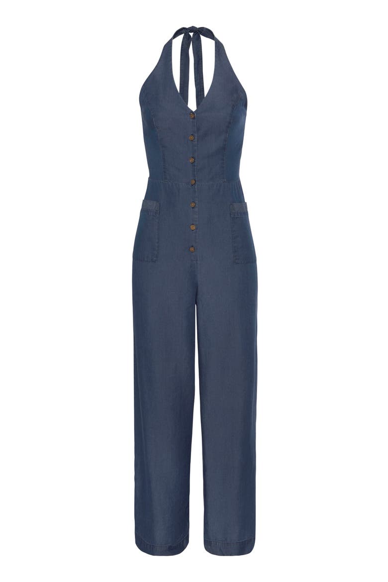 Denim Look Halterneck Jumpsuit, Alternate, color, Blue