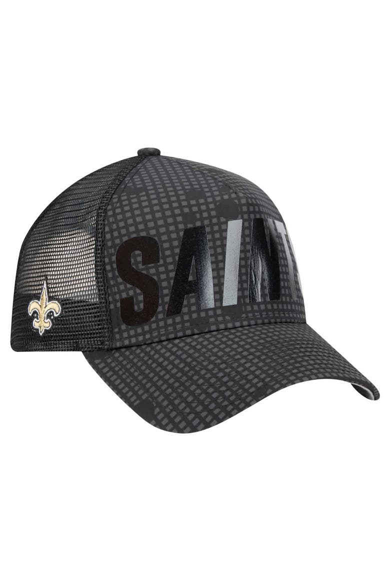 Men's New Era Black New Orleans Saints  Midnight Ink Tonal Text A-Frame Trucker 9FORTY Adjustable Hat, Main, color, Black