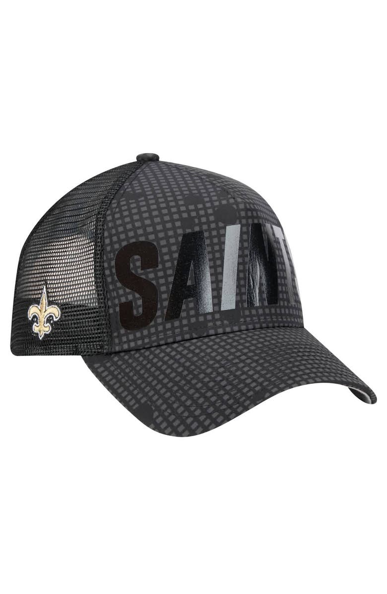New Era Men's New Era Black New Orleans Saints Midnight Ink Tonal Text A-Frame Trucker 9FORTY Adjustable Hat, Main, color, Black