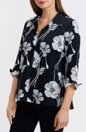 Foxcroft Agnes Poppy Print Three-Quarter Sleeve Popover Top