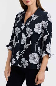 Foxcroft Agnes Poppy Print Three-Quarter Sleeve Popover Top