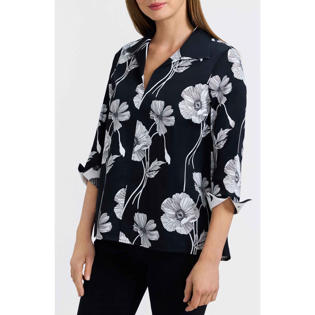 Foxcroft Agnes Poppy Print Three-quarter Sleeve Popover Top