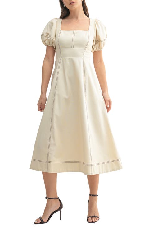 Stitched Puff Sleeve Midi Dress