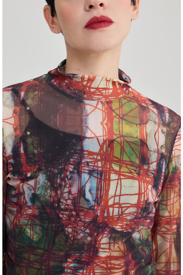Ines Printed Mesh Top, Alternate, color, Multi-Brown