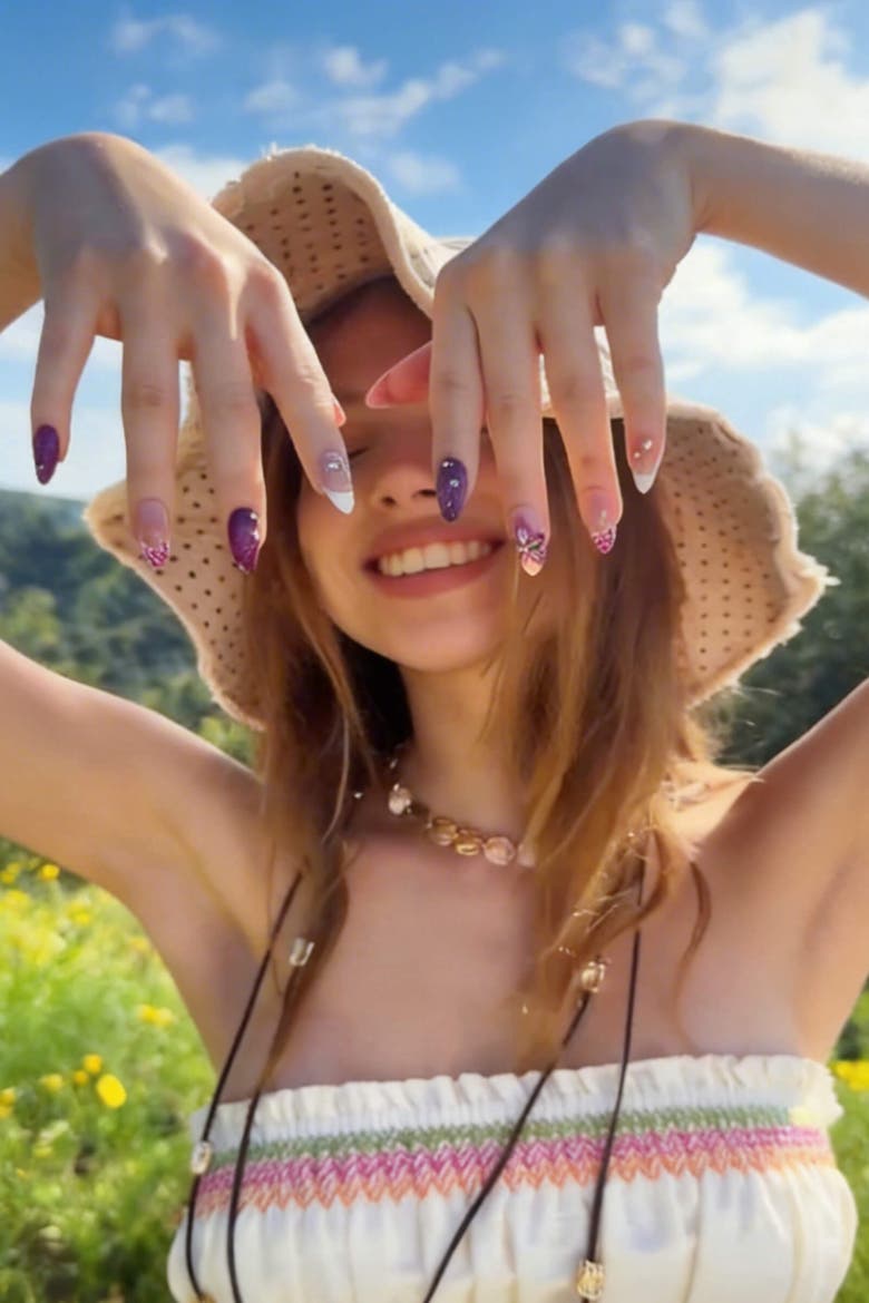 Island Girl Almond Press On Nails, Alternate, color, Pink