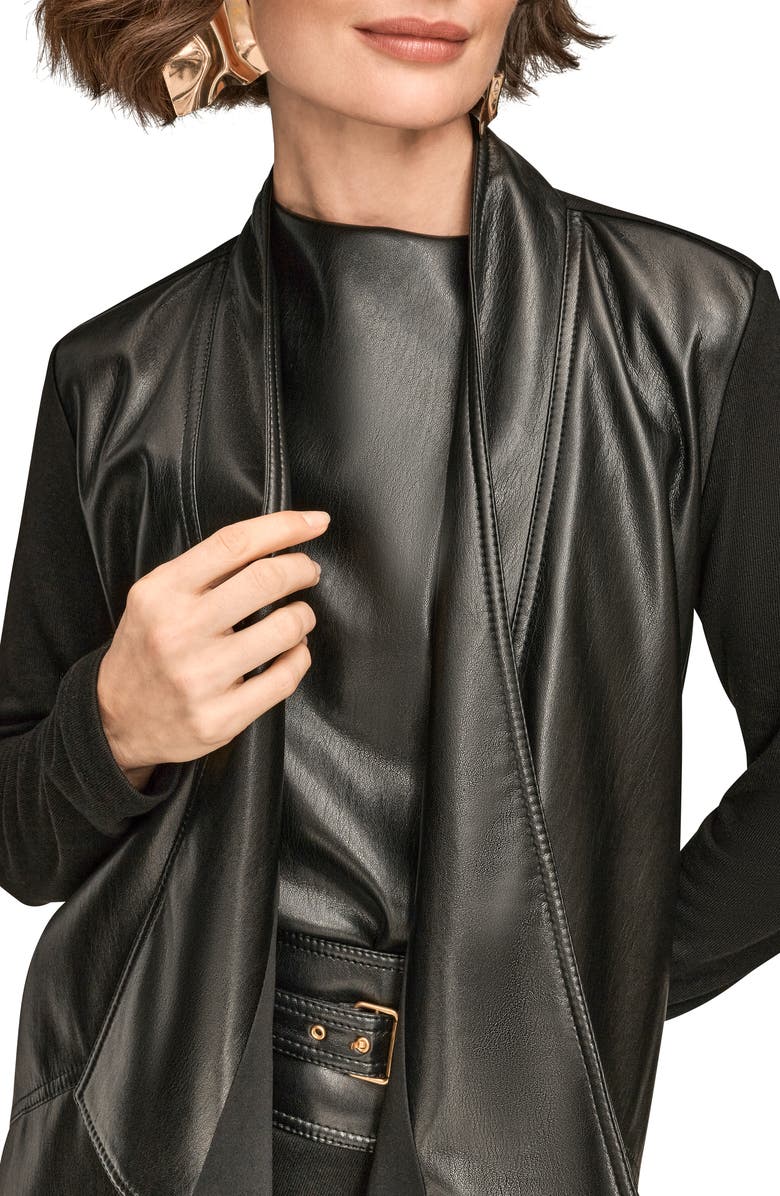 Donna Karan New York Flyaway Faux Leather & Knit Jacket, Alternate, color, Black