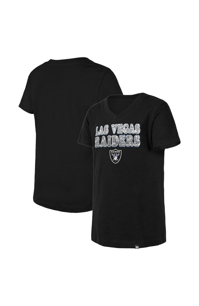 New Era Girls Youth New Era Black Las Vegas Raiders Reverse Sequin V-Neck T-Shirt, Main, color, Black