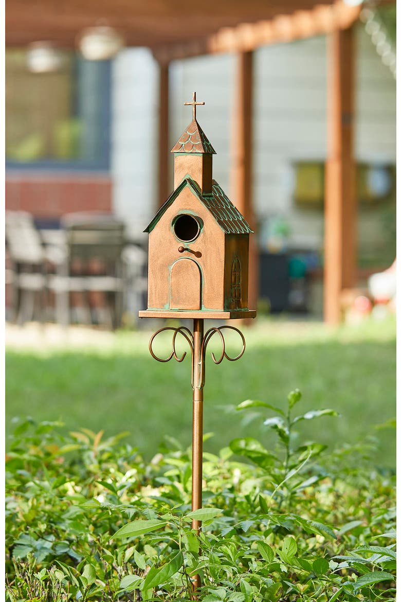 Farmhouse Faux Copper 2-Tiered Metal Decorative Garden Birdhouse with Stake, Alternate, color, Gold