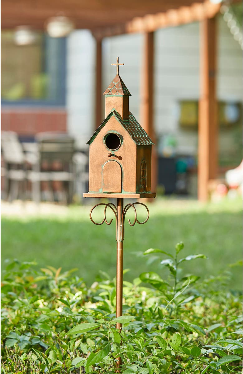 Glitzhome Farmhouse Faux Copper 2-Tiered Metal Decorative Garden Birdhouse with Stake, Alternate, color, Gold