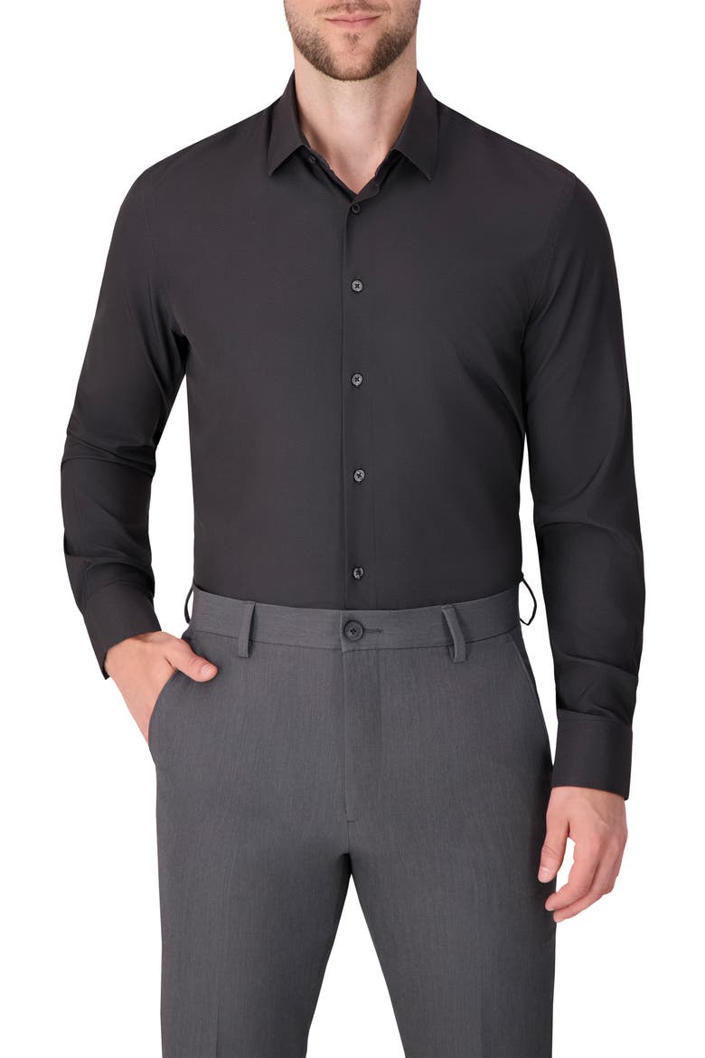 Herringbone Print Slim Fit Stretch Dress Shirt, Main, color, BLACK
