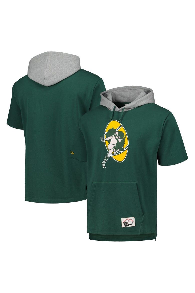 Men's Mitchell & Ness Green Green Bay Packers Postgame Short Sleeve Hoodie, Main, color, Green