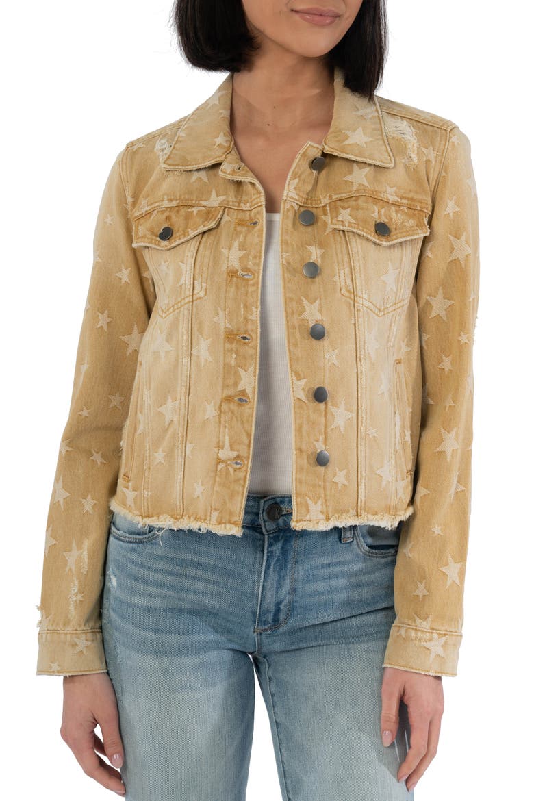 Julia Star Print Cotton Denim Trucker Jacket, Main, color, KHAKI