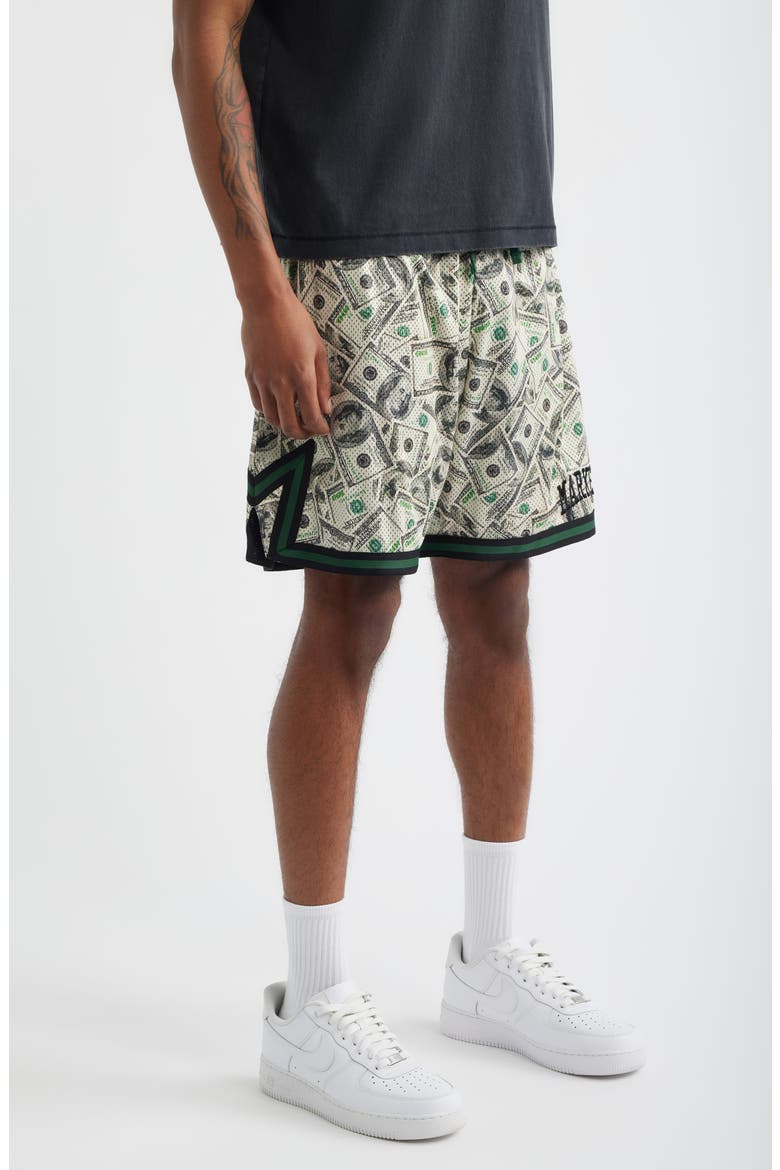 Money Arc Perforated Game Shorts, Alternate, color, GREEN MULTI