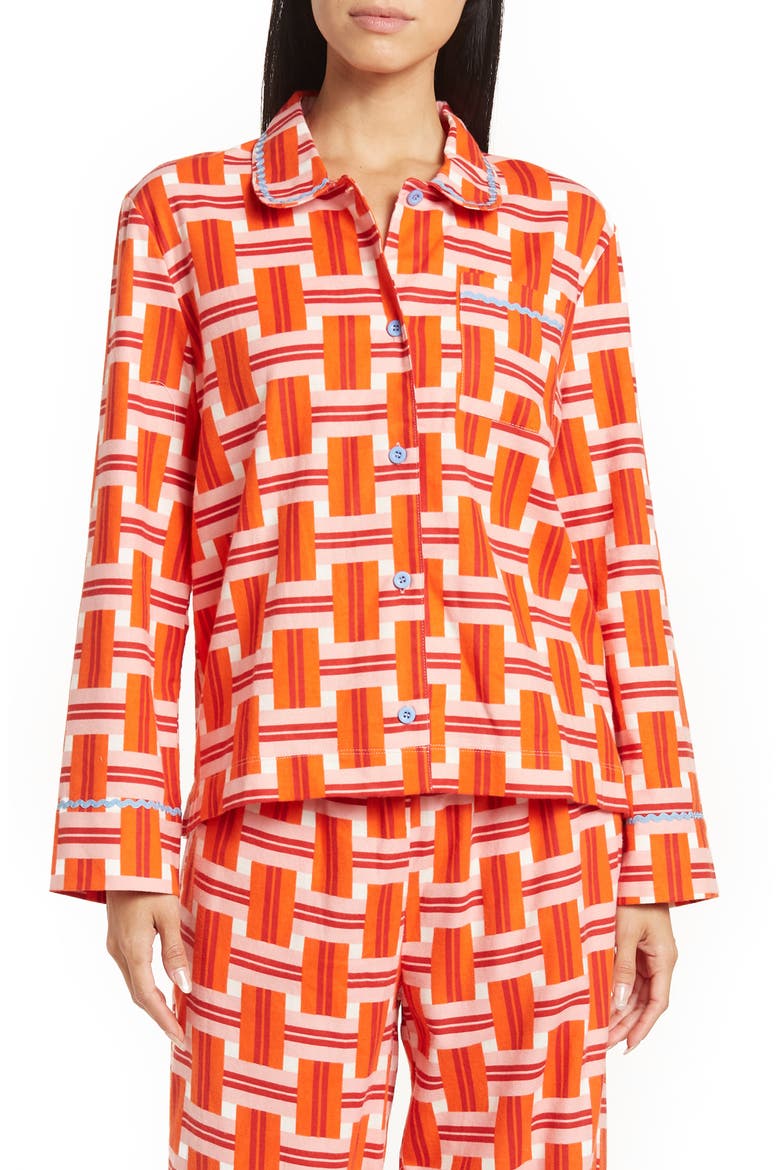 Basketweave Plaid Print Cotton Pajama Top, Main, color, RED