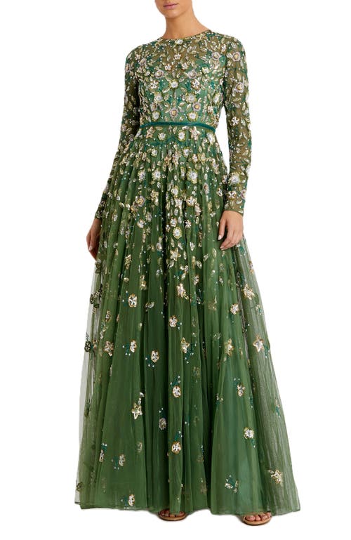 Shop Mac Duggal Floral Appliqué Long Sleeve Illusion Gown In Sage