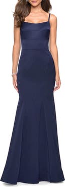 La Femme Fitted Long Dress with Seams and Large Gold Zipper