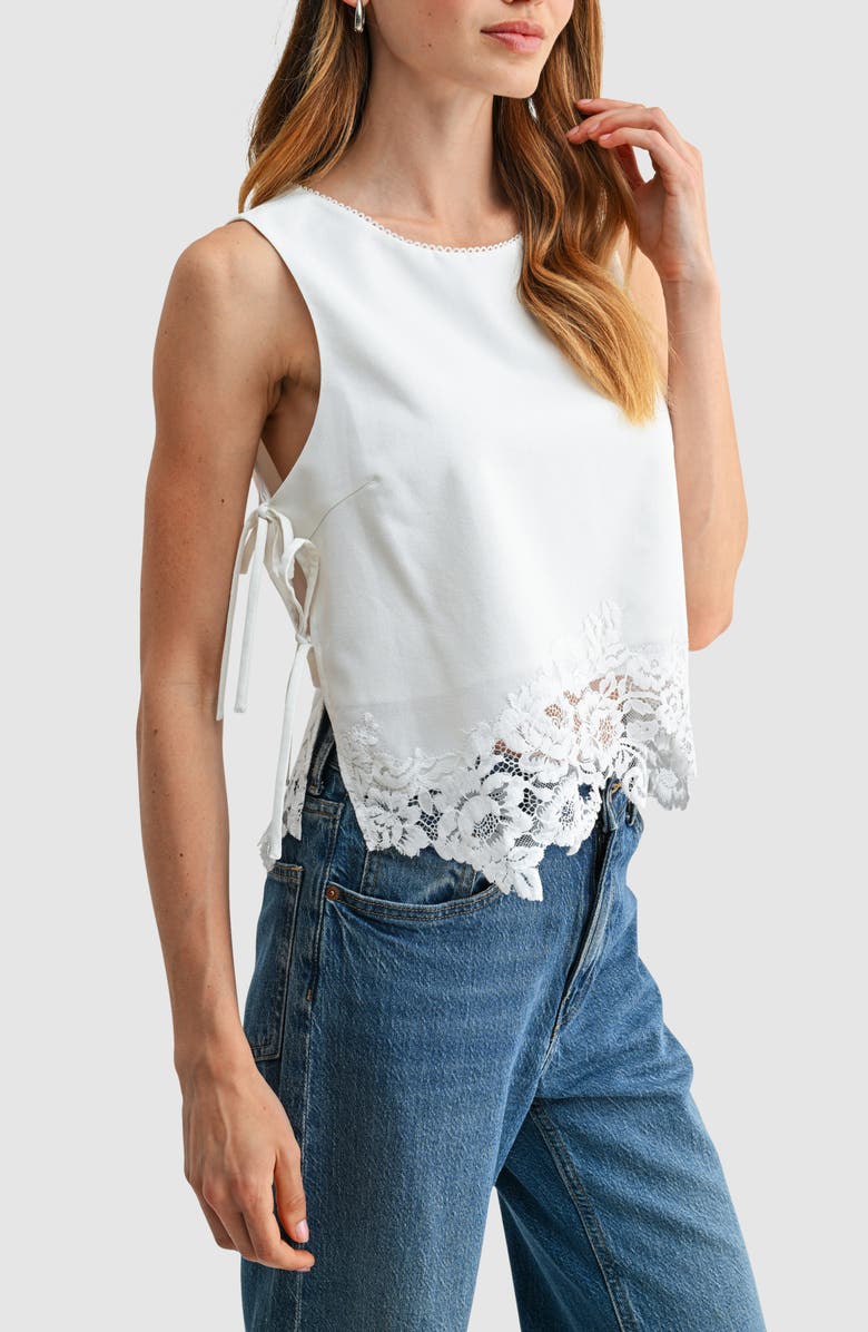 All in Favor Lace Hem Side Tie Tank, Alternate, color, White