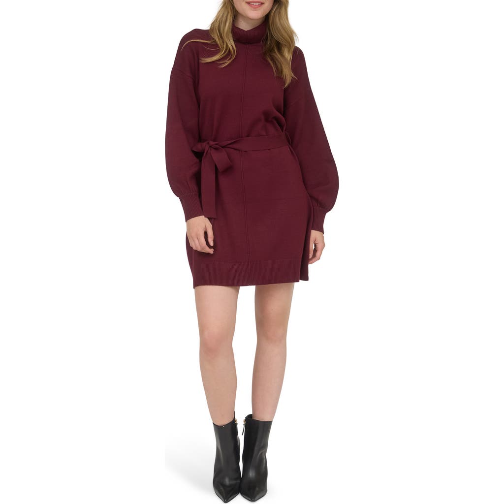 August Sky Long Sleeve Turtleneck Sweater Minidress In Burgundy