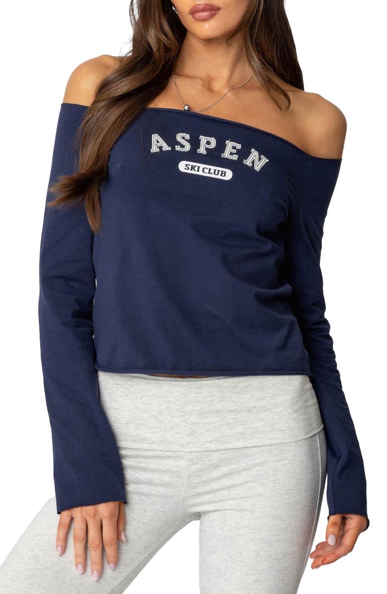 EDIKTED Ski Club Off the Shoulder Top, Main, color, Navy