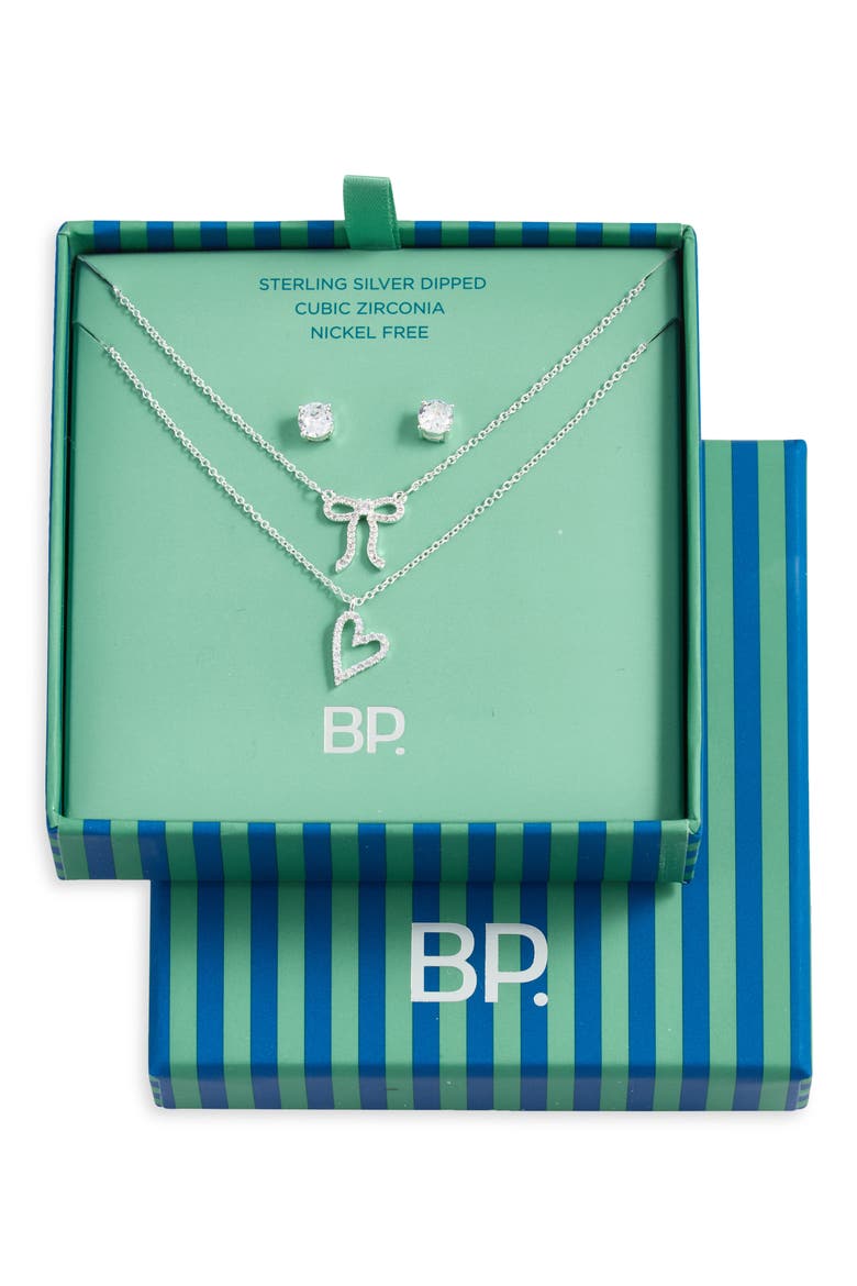 3-Piece Bow & Heart Necklace and Stud Earrings Set, Main, color, STERLING SILVER DIPPED