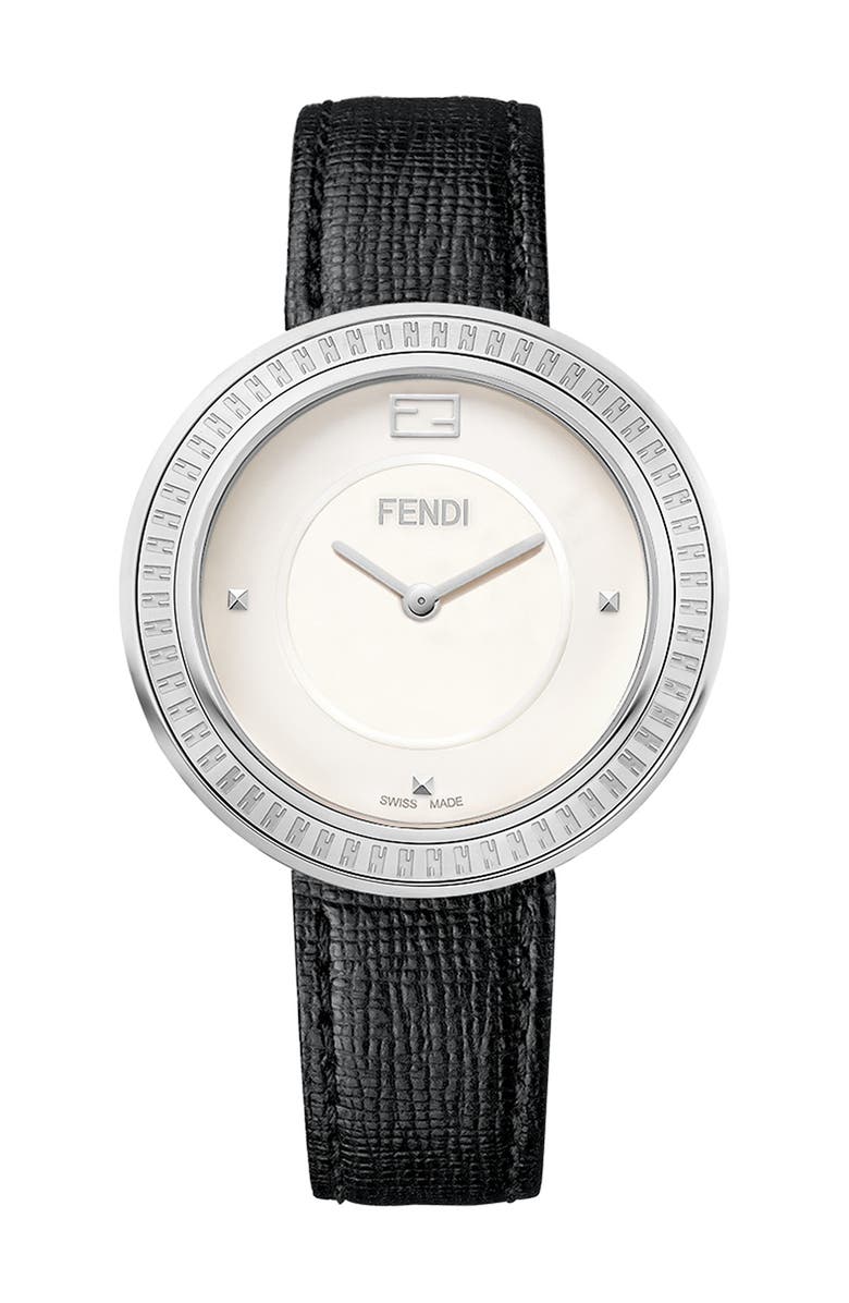 Fendi 'Fendi My Way' Genuine Fox Fur Detail Leather Strap Watch, 36mm, Main, color, 