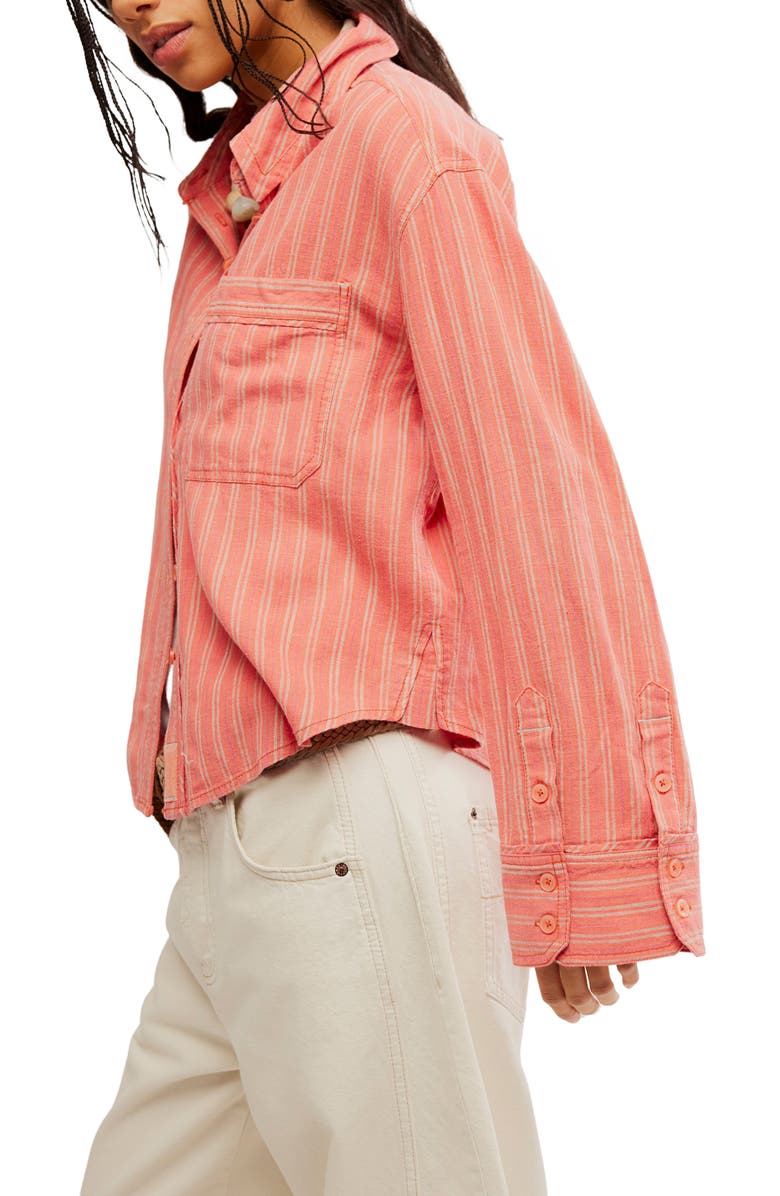 Free People Laurel Linen Blend Button-Up Shirt, Alternate, color, Cinnamon Combo